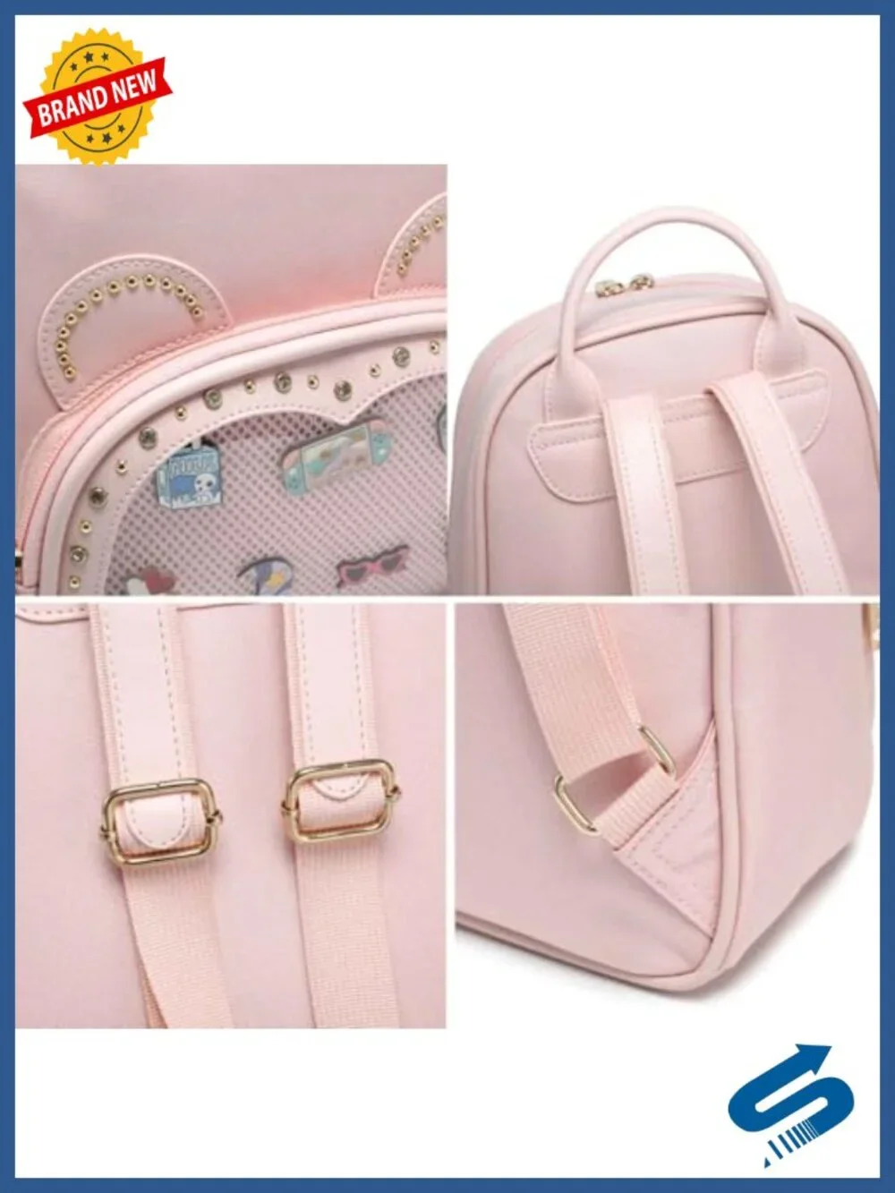 Kawaii Bear Ita Backpack Purse, Clear Pin Display Bag, Water-Resistant Oxford